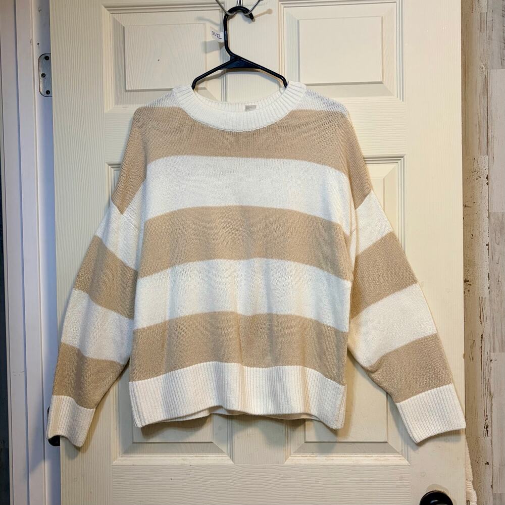 Divided Beige White Striped Sweater Crewneck Knit‎ Pullover Size M